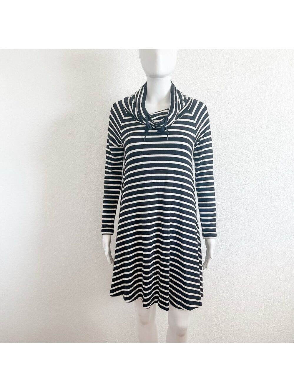 Lou & Grey XXS Striped  Drawstring Cowl Neck Athleisure Long Sleeve Dress